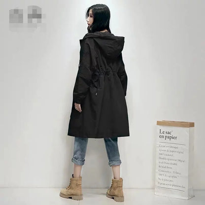Women’s Long Embroidered Windbreaker – Chic Loose-Fit Coat with Waist-Defining Design, Hong Kong-Inspired Spring & Autumn Outerwear