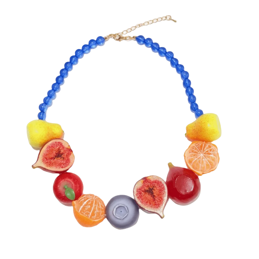 Colorful 3D Fruit Beaded Necklace – Multicolor Exaggerated Chain with Pomegranate, Strawberry & Tomato Designs, Statement Fashion Jewelry