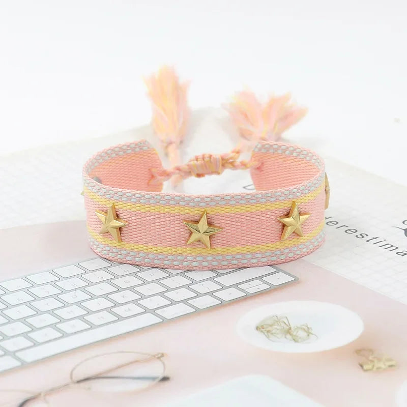 Bohemian Star Tassel Bracelet – Handmade Woven Alloy Gold Rivet Wrist Strap for Women | Ethnic Fashion Jewelry Gift