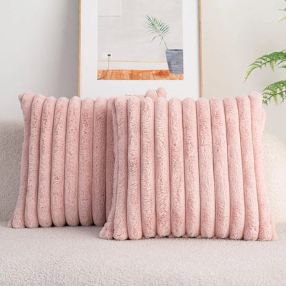 Faux Rabbit Fur Throw Pillow Cover - Ultra Soft Striped Decorative Cushion Cover for Sofa, Bed & Living Room (40x40 & 45x45 cm)