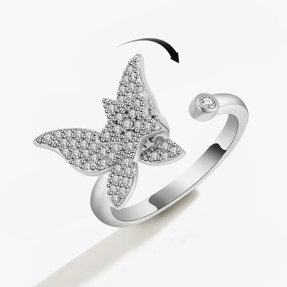 Anillo giratorio antiestrés de mariposa y flor con diamantes de imitación – Anillo giratorio antiansiedad para mujer | Joyería ajustable para aliviar el estrés