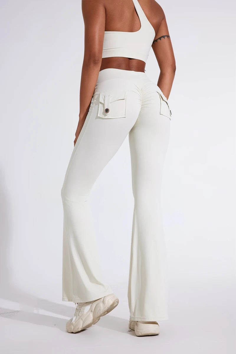 DIAS FIT JOY Pantalon de yoga évasé taille haute pour femme – Legging patte d'éléphant push-up avec poches, pantalon d'entraînement à séchage rapide pour la course, la gym, le fitness et l'exercice