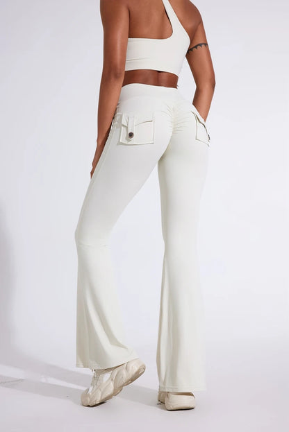DIAS FIT JOY Pantalon de yoga évasé taille haute pour femme – Legging patte d'éléphant push-up avec poches, pantalon d'entraînement à séchage rapide pour la course, la gym, le fitness et l'exercice