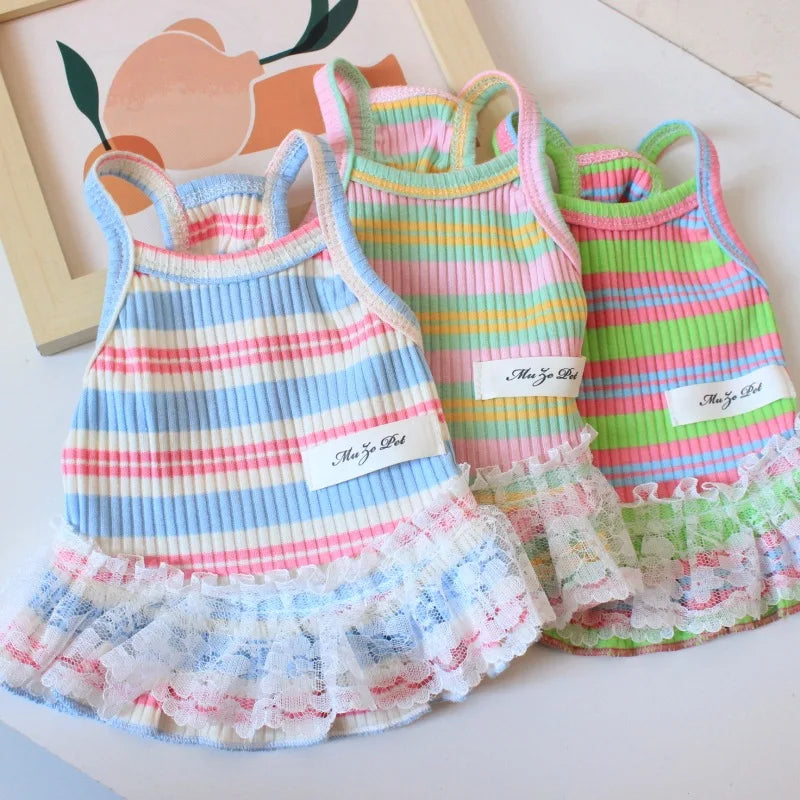 Vestido de verano para cachorros lindos para perros y gatos pequeños – Ropa de encaje a rayas para mascotas, camiseta y falda para perras Chihuahua, Yorkie, Bichon