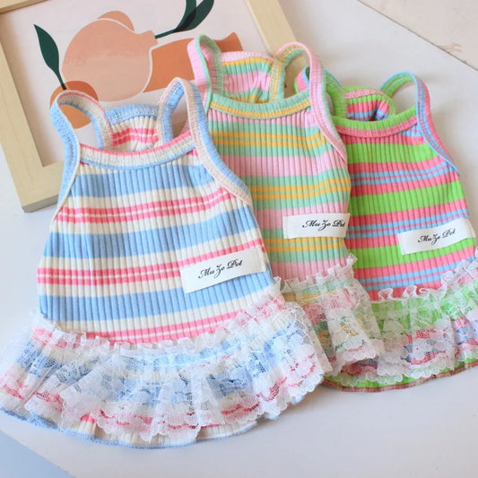 Vestido de verano para cachorros lindos para perros y gatos pequeños – Ropa de encaje a rayas para mascotas, camiseta y falda para perras Chihuahua, Yorkie, Bichon