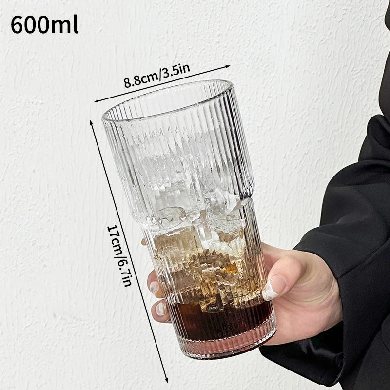 INS Style Transparent Striped Glass Cup, Creative Cold Coffee Mug, Iced Juice and Cocktail Drinking Glass, Elegant Water and Wine Cup, Modern Glass Drinkware