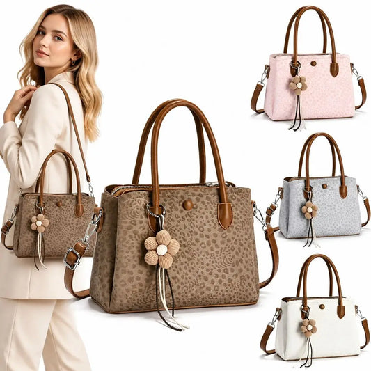 Women's PU Leopard Print Handbag – Large-Capacity Multi-Layer Shoulder & Hand Carry Bag with Textured Finish and Pendant Detail