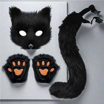 Halloween Fox Cosplay Costume Accessories Set, Animal Fox Mask, Tail and Gloves, Cute Fancy Dress-Up Props for Carnival, Masquerade, Themed Parties, and Halloween Costumes
