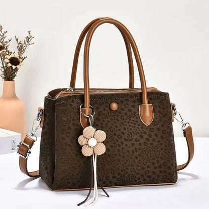 Women's PU Leopard Print Handbag – Large-Capacity Multi-Layer Shoulder & Hand Carry Bag with Textured Finish and Pendant Detail
