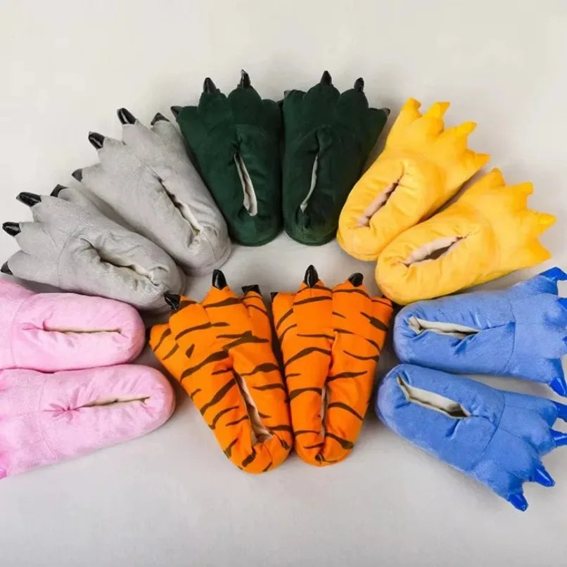 Women’s Plush Animal Slippers – Thick Fluffy Non-Slip Indoor House Shoes with Dinosaur, Cow, Cat Paw & Claw Designs
