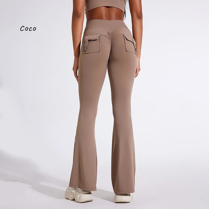 DIAS FIT JOY Pantalon de yoga évasé taille haute pour femme – Legging patte d'éléphant push-up avec poches, pantalon d'entraînement à séchage rapide pour la course, la gym, le fitness et l'exercice