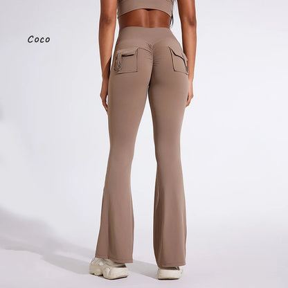 DIAS FIT JOY Pantalon de yoga évasé taille haute pour femme – Legging patte d'éléphant push-up avec poches, pantalon d'entraînement à séchage rapide pour la course, la gym, le fitness et l'exercice