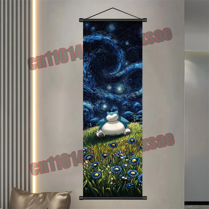 Pokémon Anime Wall Poster – Gengar Eevee Pikachu Scroll Painting Retro Canvas Artwork for Home Decor