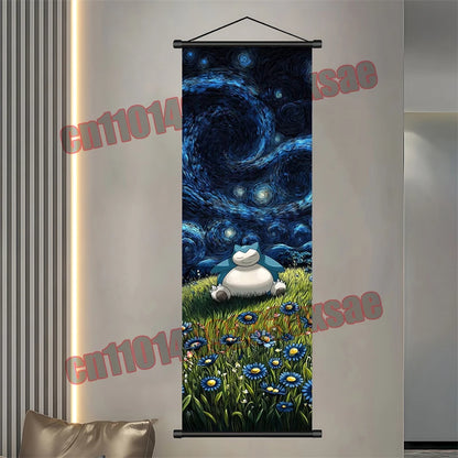 Pokémon Anime Wall Poster – Gengar Eevee Pikachu Scroll Painting Retro Canvas Artwork for Home Decor