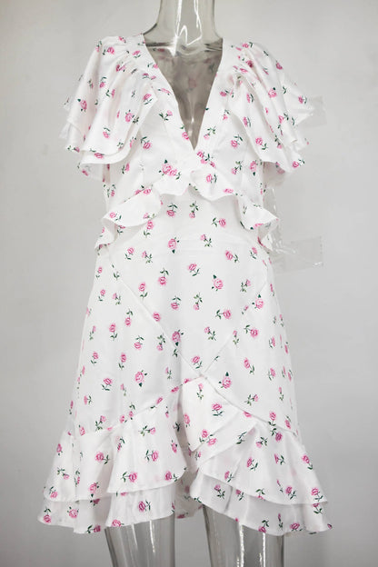 Robe mini florale à volants printemps-été 2026 pour femme – Jupe courte plissée à col en V, tenue décontractée élégante et à la mode