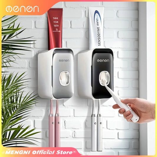 Dispensador de pasta de dientes MENGNI – Exprimidor de pasta dental montado en la pared para baño, soporte para cepillo de dientes sin taladros, organizador manual de bomba de pasta de dientes para almacenamiento y uso diario en el baño