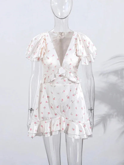 Robe mini florale à volants printemps-été 2026 pour femme – Jupe courte plissée à col en V, tenue décontractée élégante et à la mode