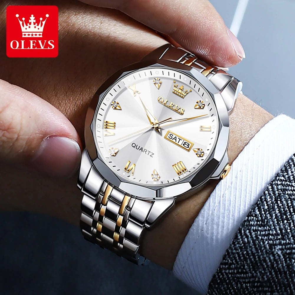 OLEVS 9931 Men’s Quartz Wristwatch – Luxury Diamond-Style Dial, Dual Calendar, Waterproof Design & Stainless Steel Strap
