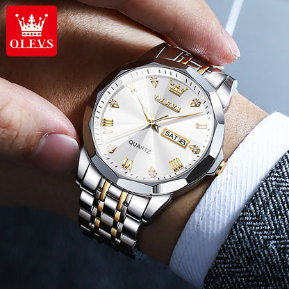 OLEVS 9931 Men’s Quartz Wristwatch – Luxury Diamond-Style Dial, Dual Calendar, Waterproof Design & Stainless Steel Strap