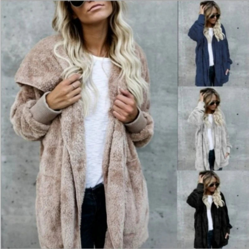 Women’s Double-Fleece Hooded Cardigan Jacket – Solid Color Plush Warm Coat with Long Sleeves, Oversized Autumn & Winter Outerwear