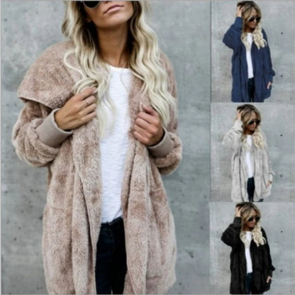 Women’s Double-Fleece Hooded Cardigan Jacket – Solid Color Plush Warm Coat with Long Sleeves, Oversized Autumn & Winter Outerwear