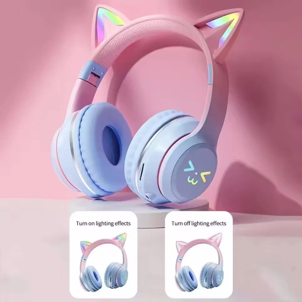 Gradient RGB Cat Ear Wireless Bluetooth Headphones – Cute Stereo Music Gaming Headset with Microphone for Girls & Kids, Fun Gift for Children