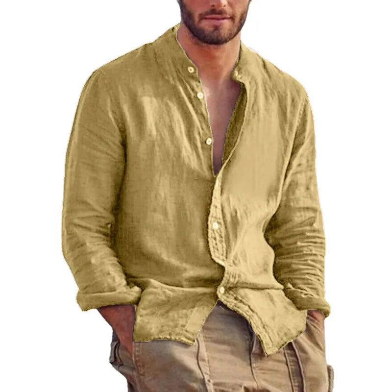 Men's Linen Long Sleeve Shirt – Stand Collar Casual Top, Lightweight Breathable Solid Color Hawaiian Style Shirt