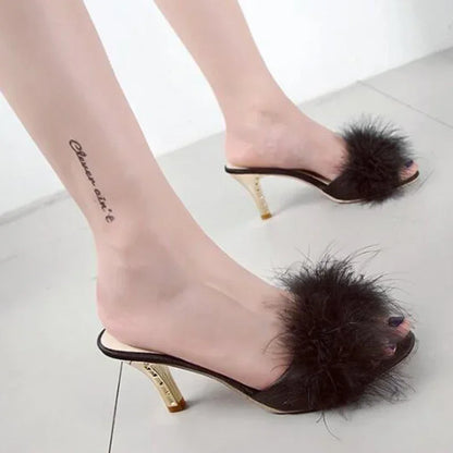 Women’s Feather Fur Peep Toe Mules – Thin High Heel Slip-On Sandals & Slides, Elegant Summer Pumps in Big Sizes