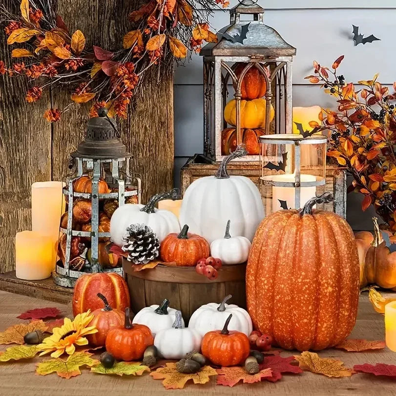 7PCS Artificial Orange Foam Pumpkins – Lightweight Pumpkin Decorations for Halloween, Autumn Harvest Festival, Outdoor Displays & Home Table Decor