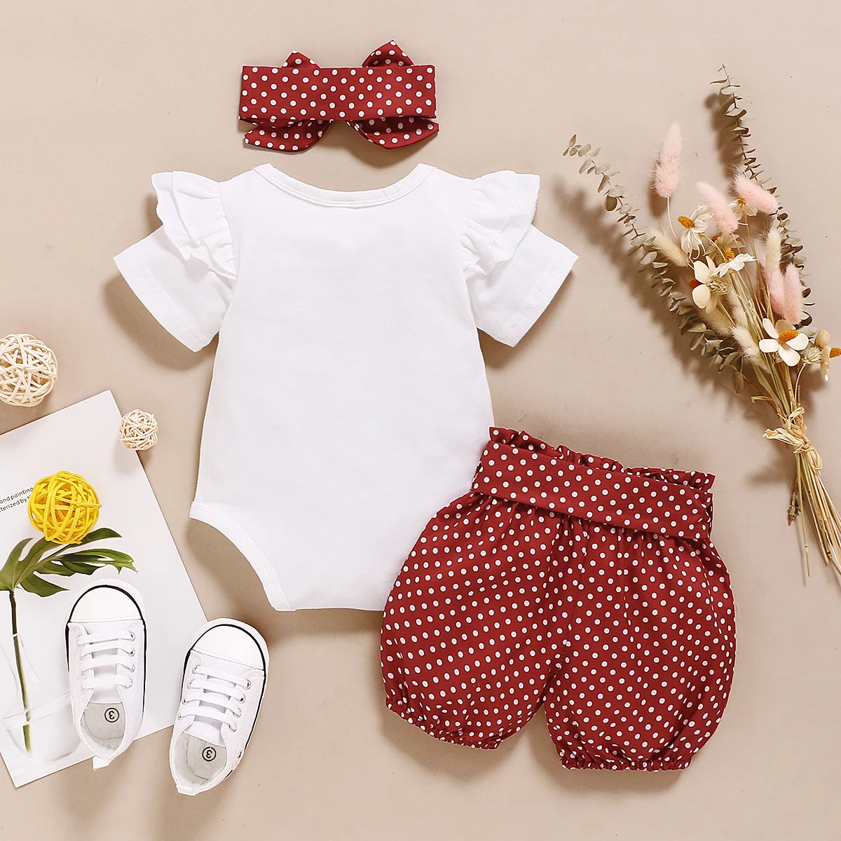 Baby Girl 3PCS Summer Outfit Set – Short Sleeve Bodysuit, Polka Dot Shorts & Headband for Infants