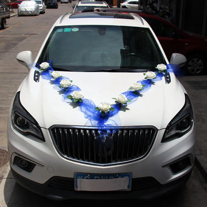 Décoration de voiture de mariage artificielle rose blanche – Ruban de fleurs en soie pour véhicules de mariée et poignées de porte