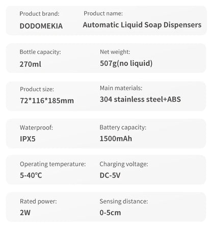 270ml Automatic Touchless Soap Dispenser – Smart Infrared Sensor Liquid Soap Dispenser with 304 Stainless Steel for Kitchen & Bathroom