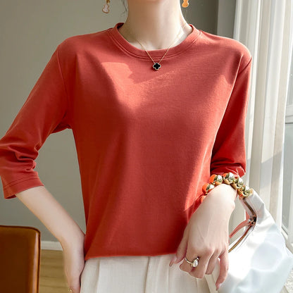 Camiseta de algodón mercerizado para mujer, manga corta, cuello redondo, top básico suave de verano