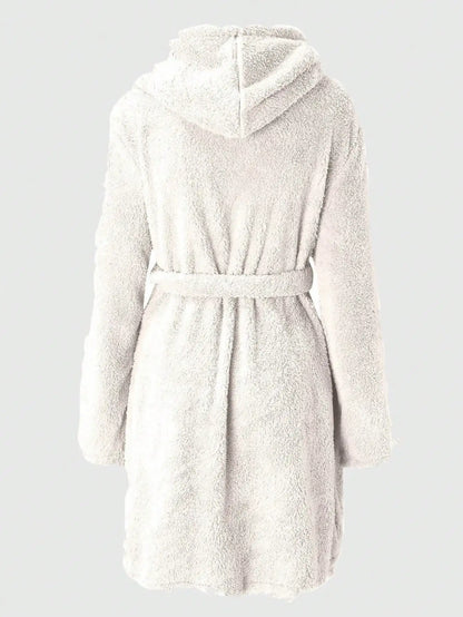 Women’s Hooded Fleece Robe – Solid Color Cozy Warm Bathrobe with Belt for Autumn & Winter Home Wear