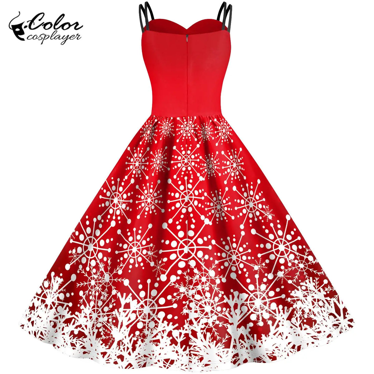 Women's Red Christmas Party Dress with 3D Snowflake Pattern, Vintage Chiffon Suspender Skirt Cosplay Costume, Festive Holiday Dress for Christmas Parties and New Year Celebrations