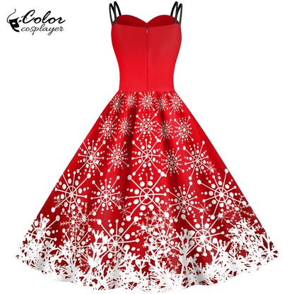 Women's Red Christmas Party Dress with 3D Snowflake Pattern, Vintage Chiffon Suspender Skirt Cosplay Costume, Festive Holiday Dress for Christmas Parties and New Year Celebrations