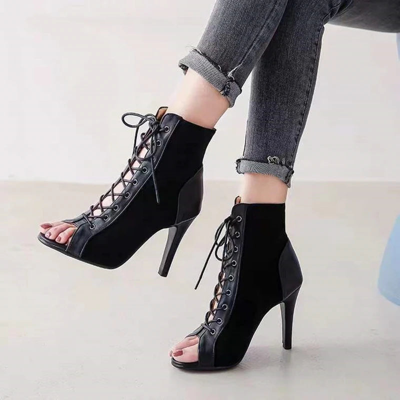 Sandalias de tacón de aguja con cordones para mujer – Botines de tacón alto con puntera abierta de 9 cm, zapatos sexy de moda de verano para fiesta y baile
