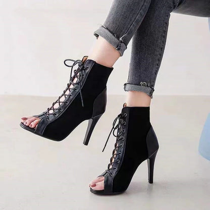 Sandalias de tacón de aguja con cordones para mujer – Botines de tacón alto con puntera abierta de 9 cm, zapatos sexy de moda de verano para fiesta y baile