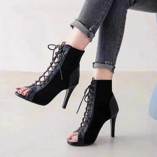 Sandalias de tacón de aguja con cordones para mujer – Botines de tacón alto con puntera abierta de 9 cm, zapatos sexy de moda de verano para fiesta y baile