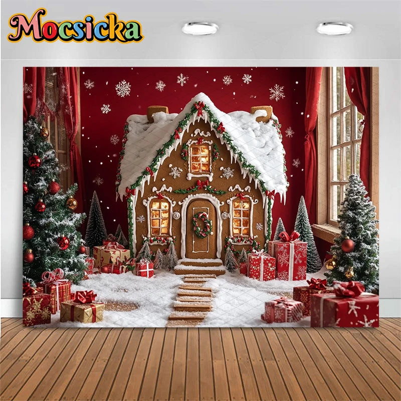 Mocsicka Christmas House Photography Backdrop – Xmas Tree, Snowman & Gifts Holiday Background for Children, Adults, Family & Party Decor