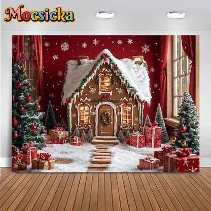Mocsicka Christmas House Photography Backdrop – Xmas Tree, Snowman & Gifts Holiday Background for Children, Adults, Family & Party Decor