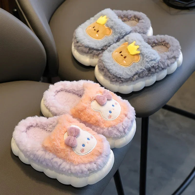 Kids Winter Plush Slippers Warm Non-Slip Cartoon Snow Princess House Shoes for Girls & Boys