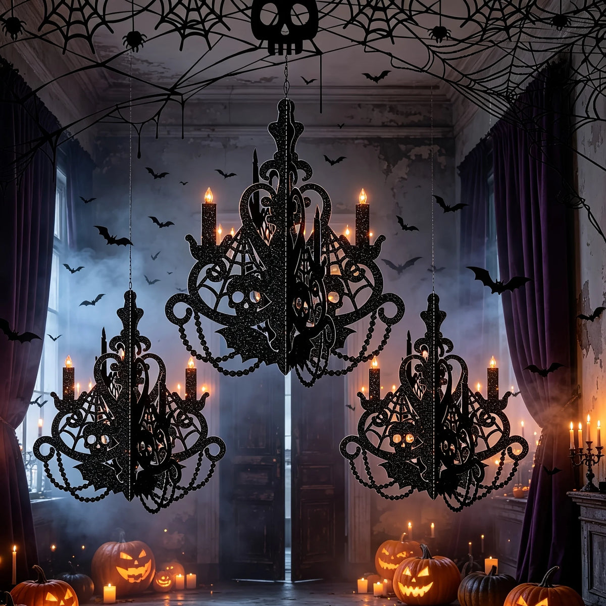 3PCS Halloween Candelabra Hanging Decorations, Spooky Ghost House Ceiling Ornaments, Gothic Hanging Lamp Decor, Haunted House Party Supplies, Indoor Halloween Decorations