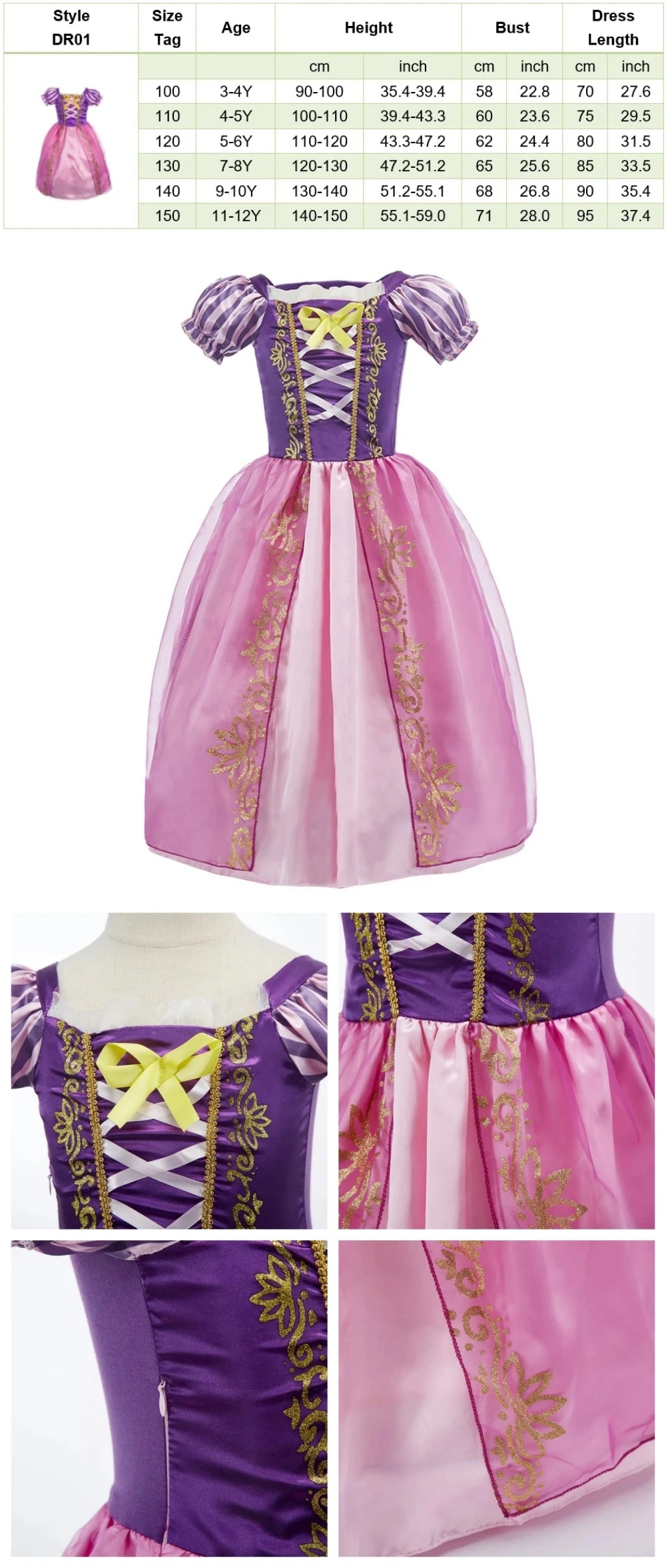 Vestido de disfraz de princesa para niña – Traje de fiesta de cuento de hadas para Halloween, carnaval y regalos de cumpleaños