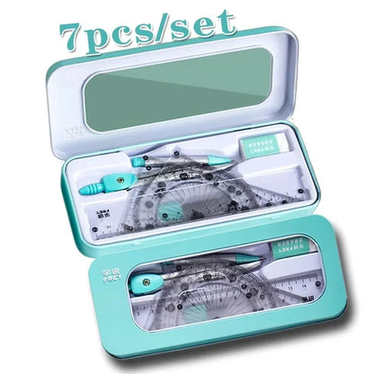 7PCS Geometry Ruler Set – Compass, Triangle Ruler & Protractor Student Math Kit in Storage Box