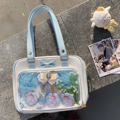 Bolso Y2K lindo con moño Ita – Bolso de hombro transparente para mujer y niña, bolso tote de exhibición de insignias DIY, bolso bandolera de moda Lolita con diseño de moño Kawaii