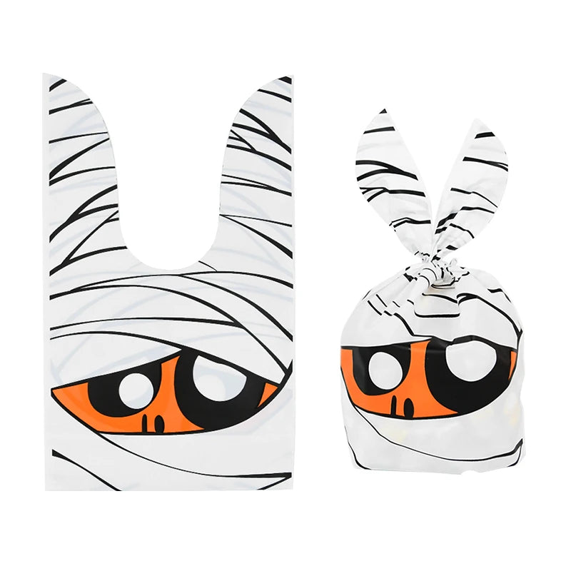25/50PCS Halloween Candy Bags – Rabbit Ear Pumpkin Plastic Treat Bags for Candy, Cookies & Desserts, DIY Packaging for Kids’ Halloween Parties