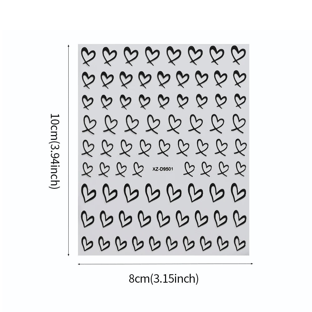 8-Sheet 3D Heart Nail Stickers – Cute Pink Black White Gold Self-Adhesive Nail Art Decals (8×10cm)