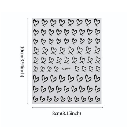 8-Sheet 3D Heart Nail Stickers – Cute Pink Black White Gold Self-Adhesive Nail Art Decals (8×10cm)