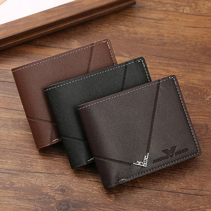 Men's Lychee Texture Leather Wallet Short Card Holder with Coin Pocket & Cash Compartment